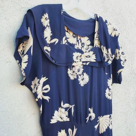 1930s Navy Floral Fan Dress Size 8 Draped Neckline Batwing Sleeve Vintage Rayon - Picture 12 of 13